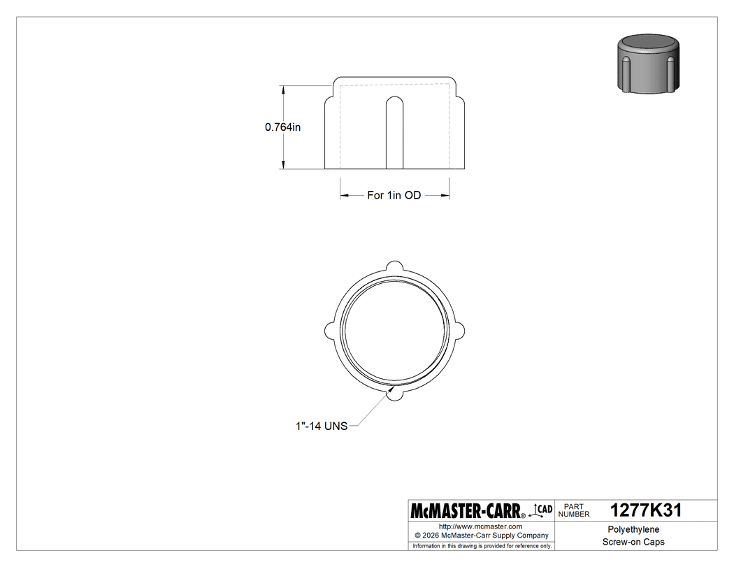 Technical Drawing of Polyethylene Screw-on Caps, 1"-14 Thread Size.